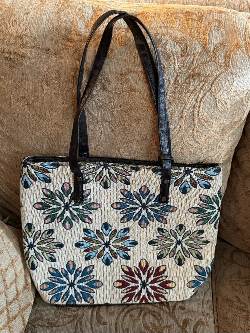Tapestry Floral Pattern Tote Bag with Black Straps from India